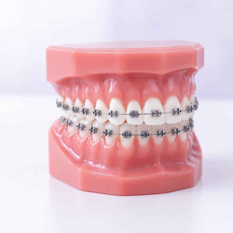 Illustrative dental model with metal braces